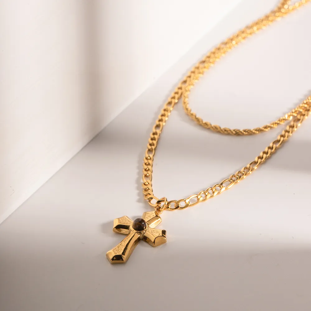 18K Gold-Plated Double Layered Cross Necklace - Image 2