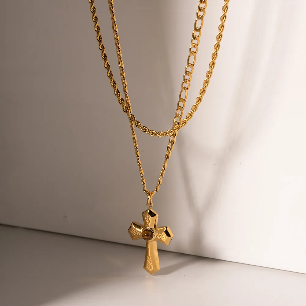 18K Gold-Plated Double Layered Cross Necklace - Image 6