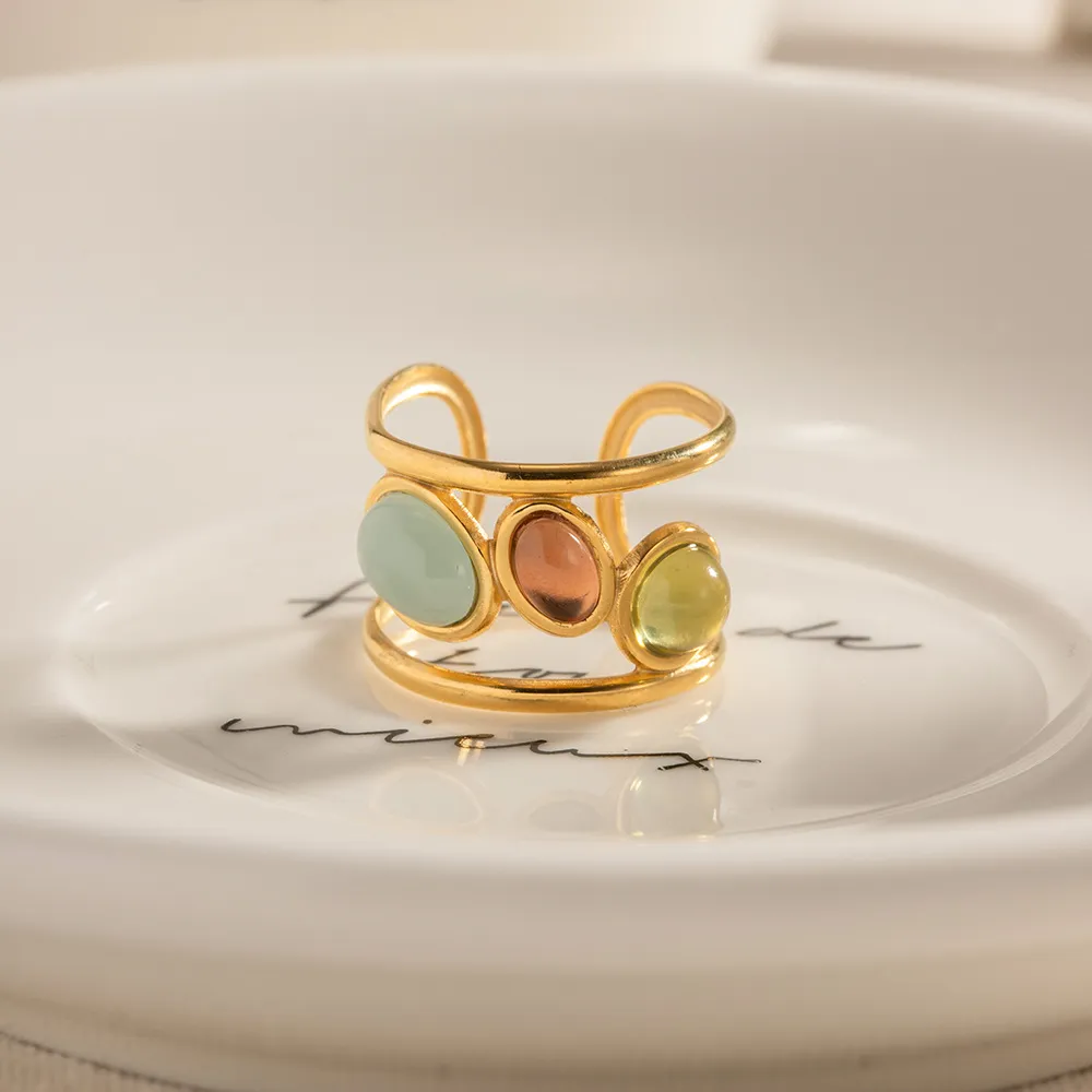 18K Gold-Plated Gemstone Open Cuff Ring