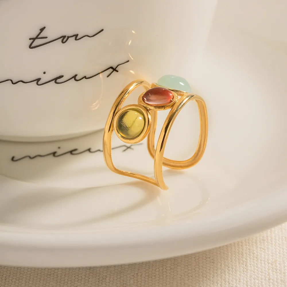 18K Gold-Plated Gemstone Open Cuff Ring - Image 2
