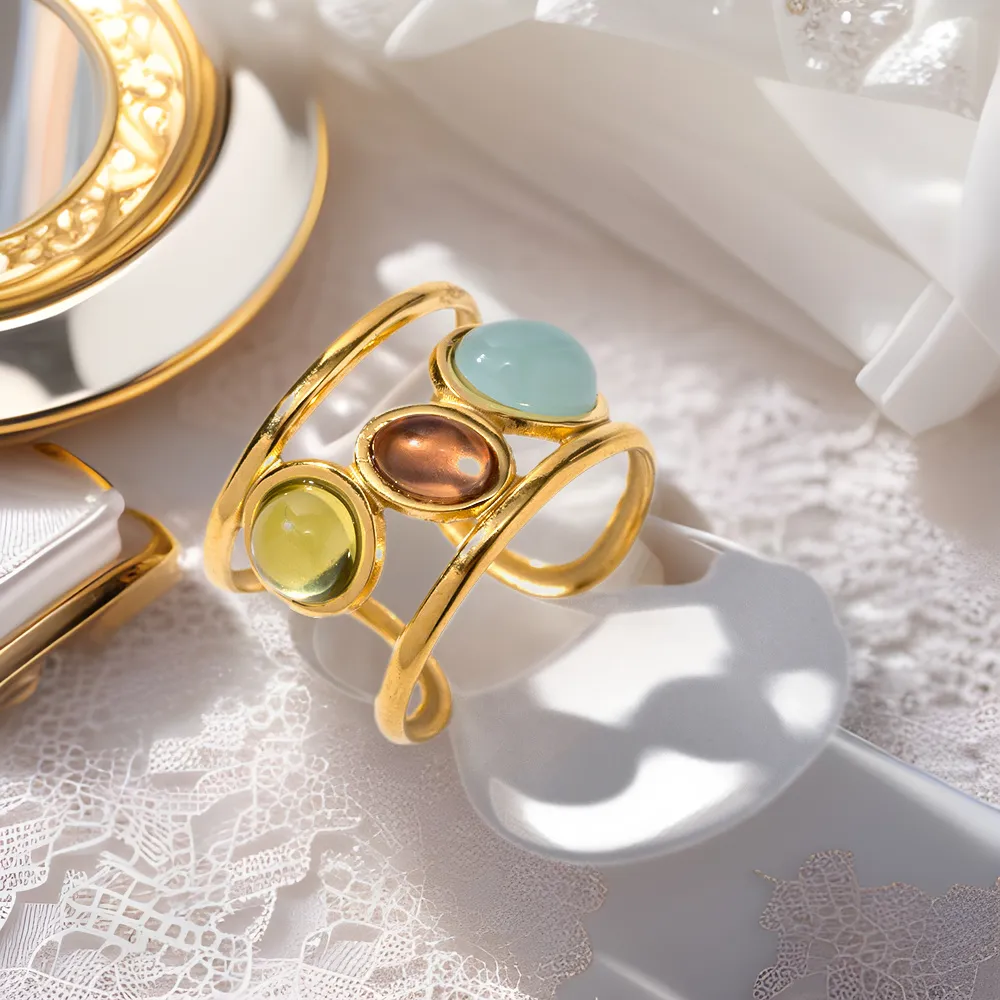 18K Gold-Plated Gemstone Open Cuff Ring - Image 4