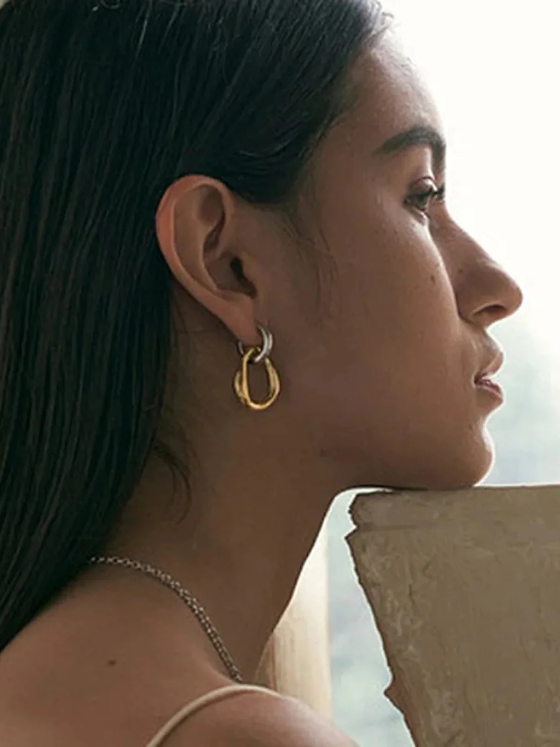 18K Gold-Plated Stainless Steel Contrast Asymmetrical Earrings - Image 2