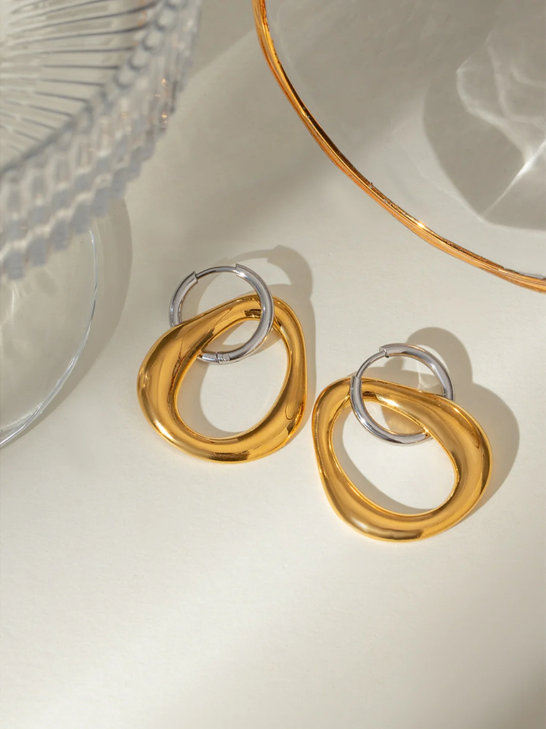 18K Gold-Plated Stainless Steel Contrast Asymmetrical Earrings - Image 3