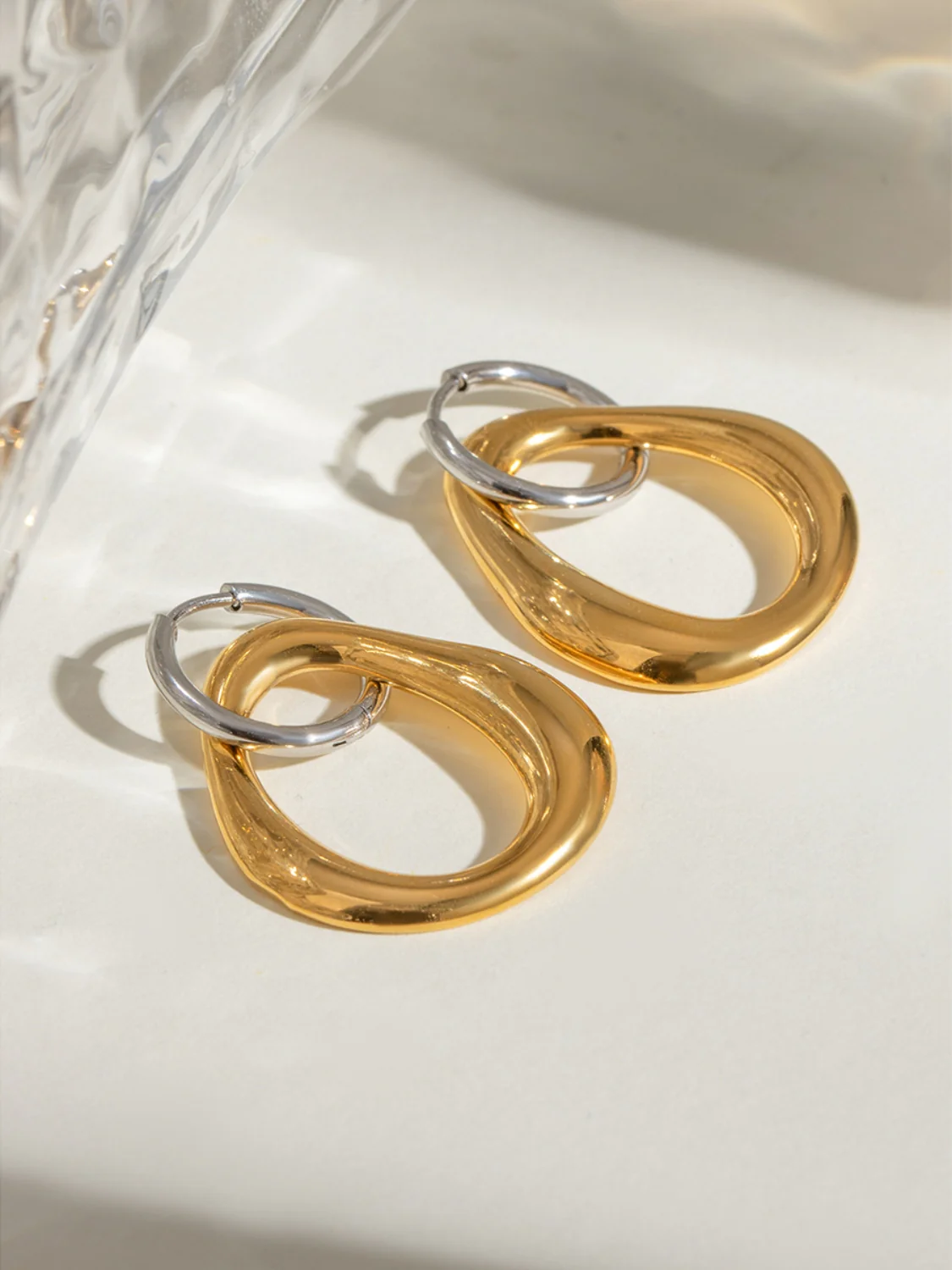 18K Gold-Plated Stainless Steel Contrast Asymmetrical Earrings - Image 4