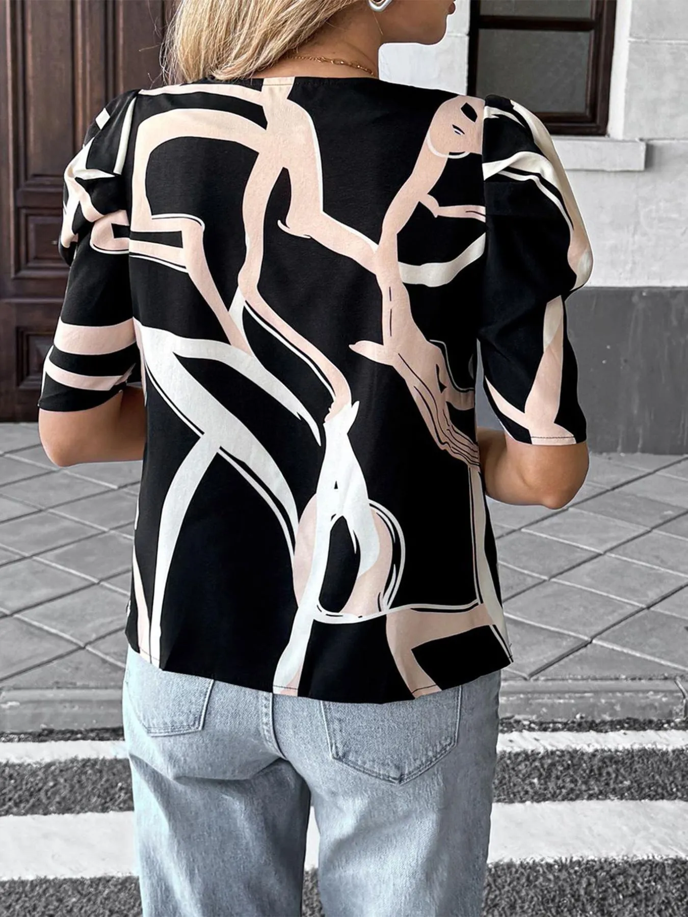 Abstract Print Puff Sleeve Notched Blouse - Image 5