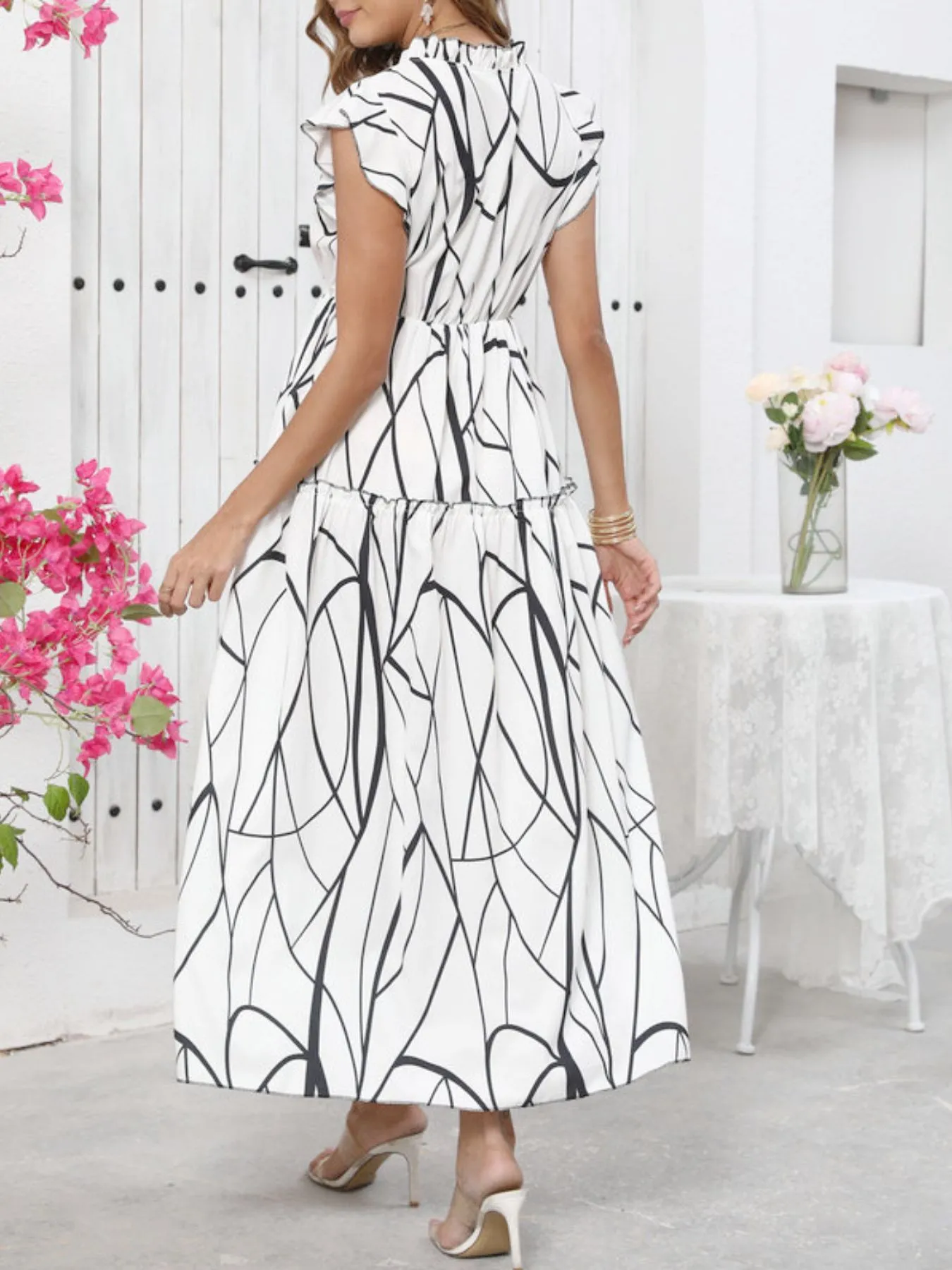 Abstract Print Ruffle Sleeve V-Neck Midi Dress - Image 9