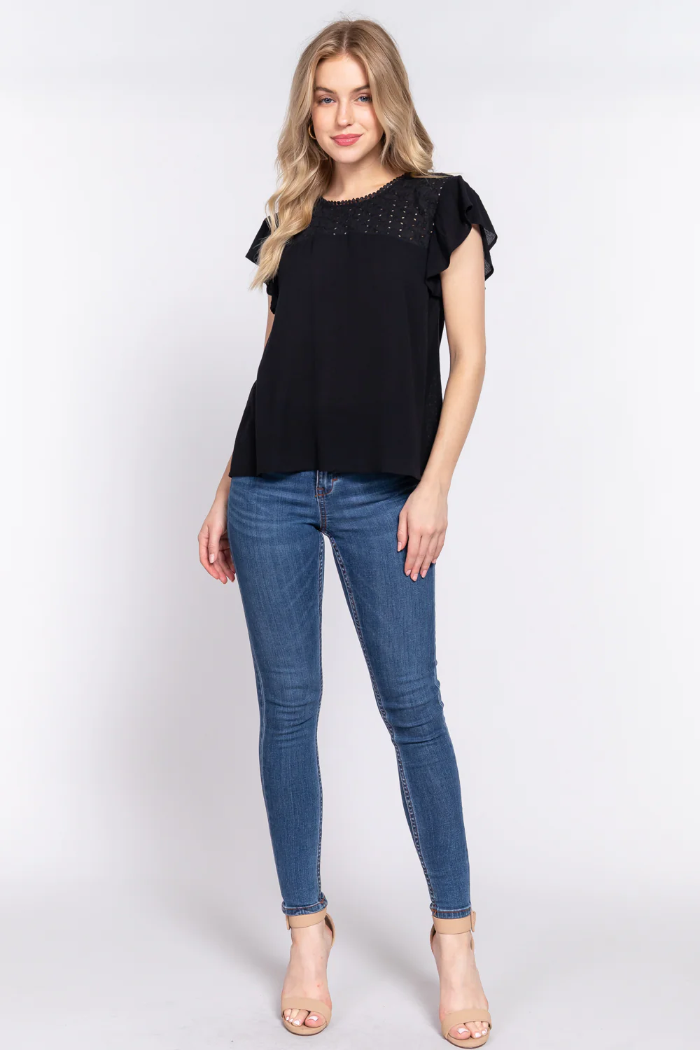 ACTIVE BASIC Ruffle Short Sleeve Crochet Blouse - Image 4