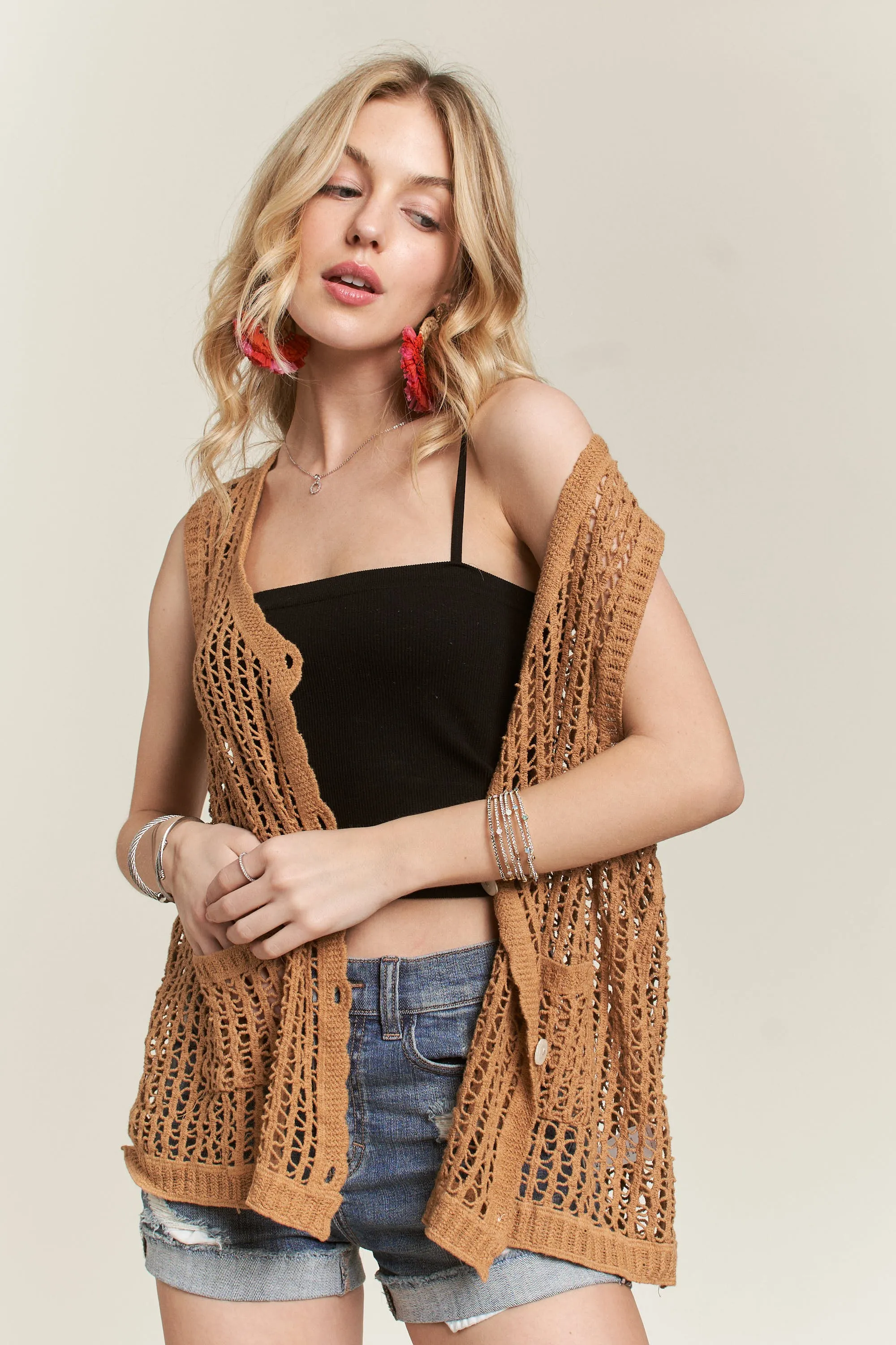 ADORA Button Down Crochet Vest Top - Image 3