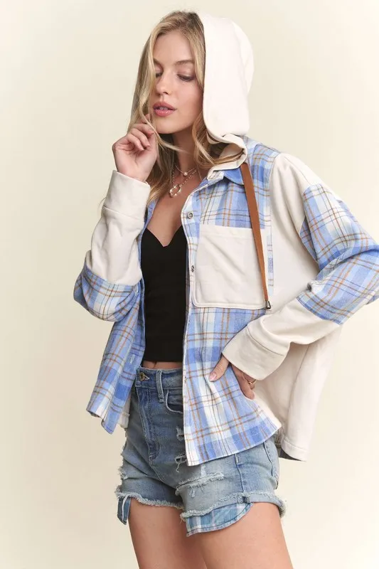 ADORA Button Down Plaid Hoodie Shacket - Image 2