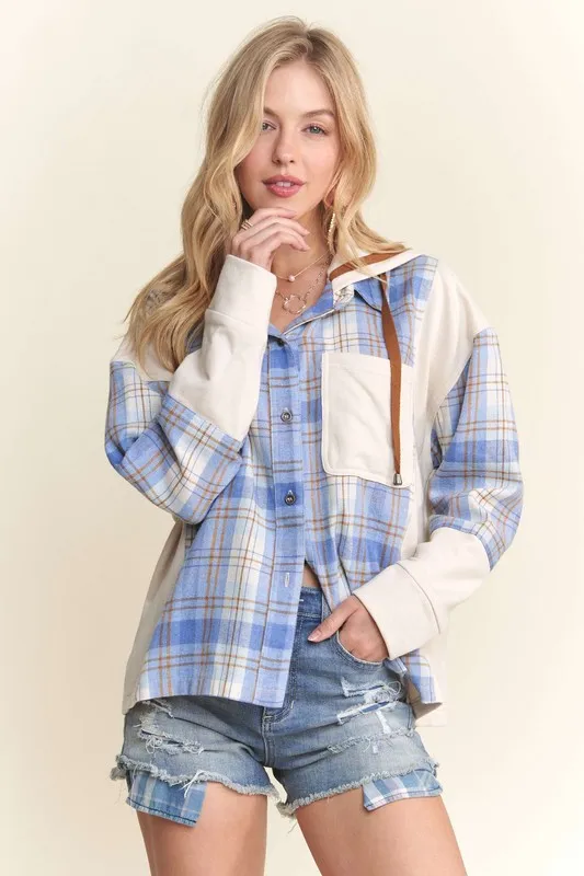 ADORA Button Down Plaid Hoodie Shacket - Image 4