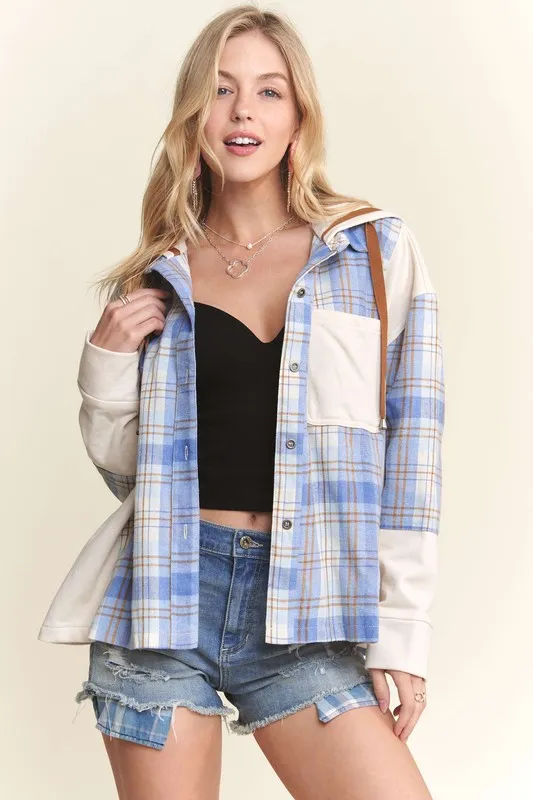ADORA Button Down Plaid Hoodie Shacket - Image 6