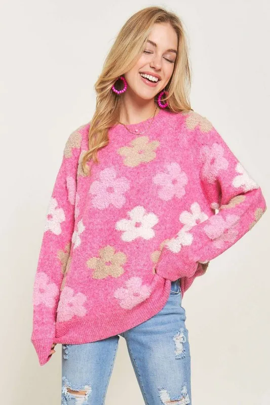 ADORA Full Size Floral Popped 2-Tone Sweater Top Plus Size - Image 5