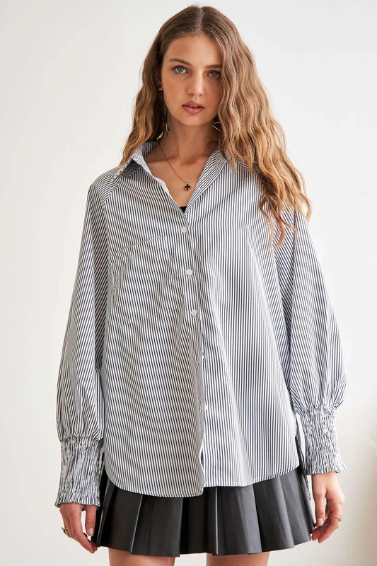 ADORA High-Low Striped Button Down Smocked Lantern Sleeve Shirt - Image 4