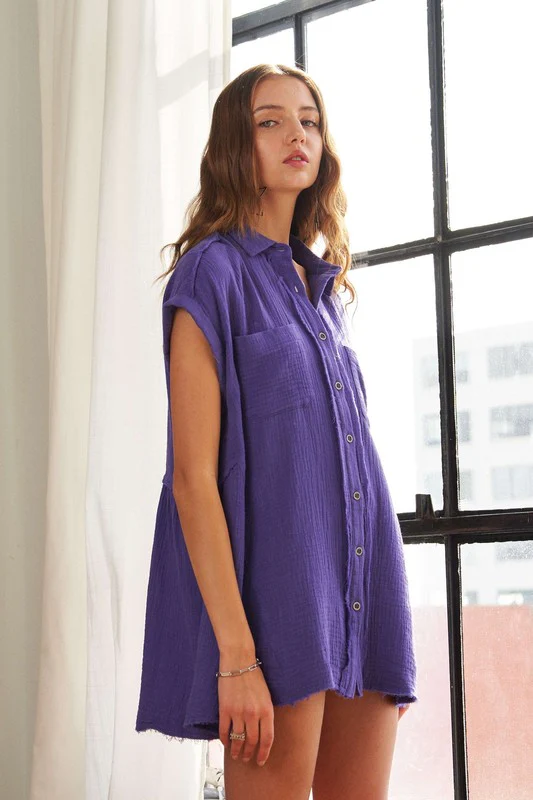 ADORA Raw Hem Collared Neck Button Down Shirt - Image 3
