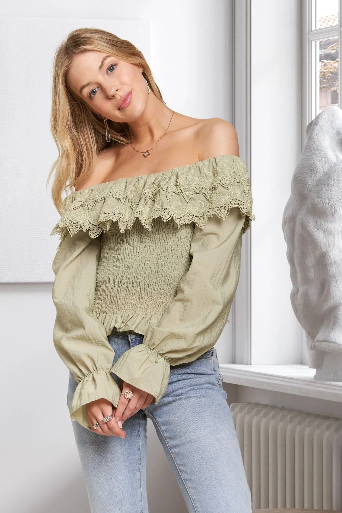 ADORA Smocking Blouse with Eyelet Lace Ruffle