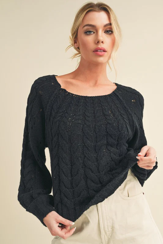 Aemi + Co Cable-Knit Openwork Round Neck Sweater - Image 3