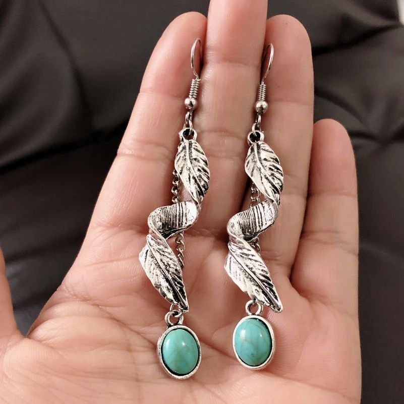 Alloy Leaf Artificial Turquoise Earrings - Image 3