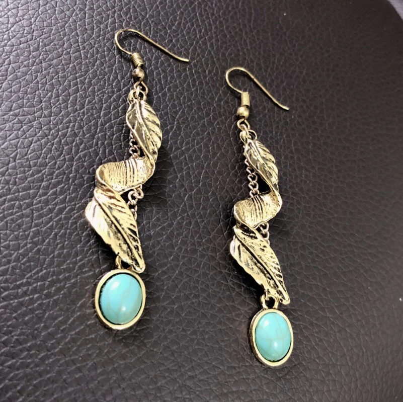 Alloy Leaf Artificial Turquoise Earrings - Image 4