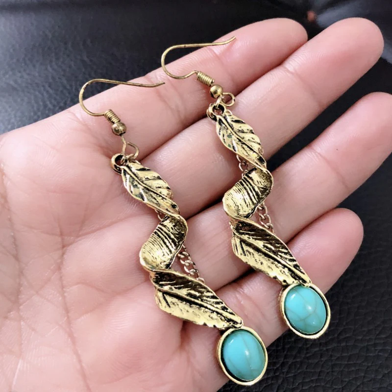 Alloy Leaf Artificial Turquoise Earrings - Image 5