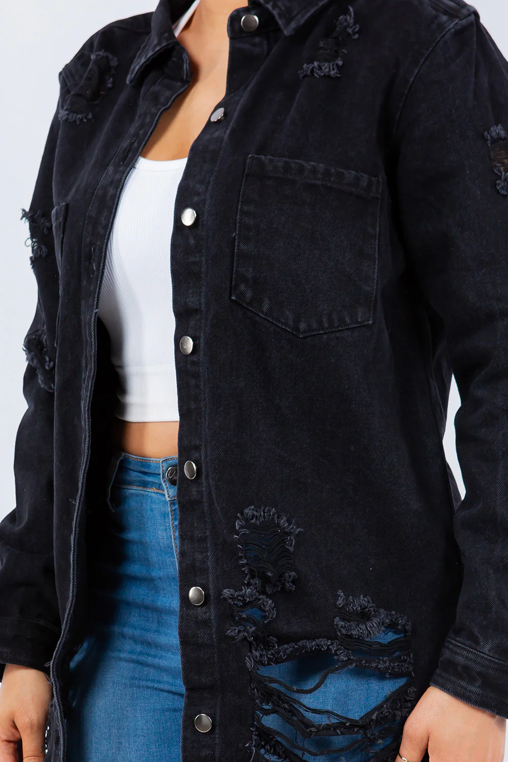 American Bazi Distressed Button Up Long Sleeve Denim Jacket - Image 5