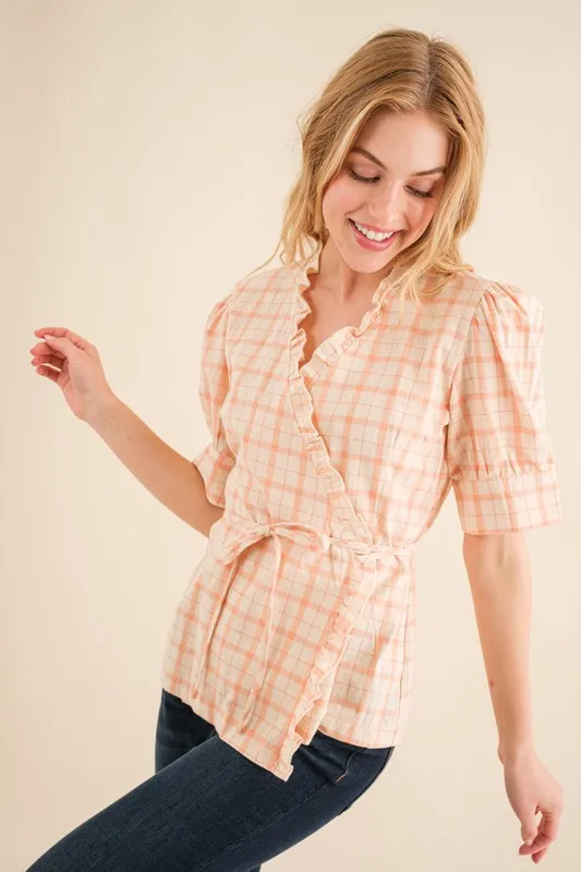 And The Why Plaid Patterned and Ruffled Wrap Blouse Top - Image 2