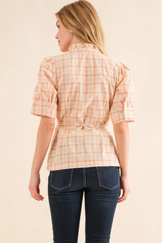 And The Why Plaid Patterned and Ruffled Wrap Blouse Top - Image 3