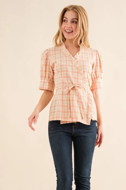 And The Why Plaid Patterned and Ruffled Wrap Blouse Top - Image 4