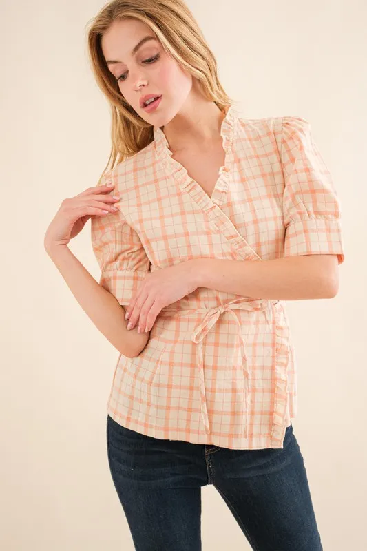 And The Why Plaid Patterned and Ruffled Wrap Blouse Top - Image 6