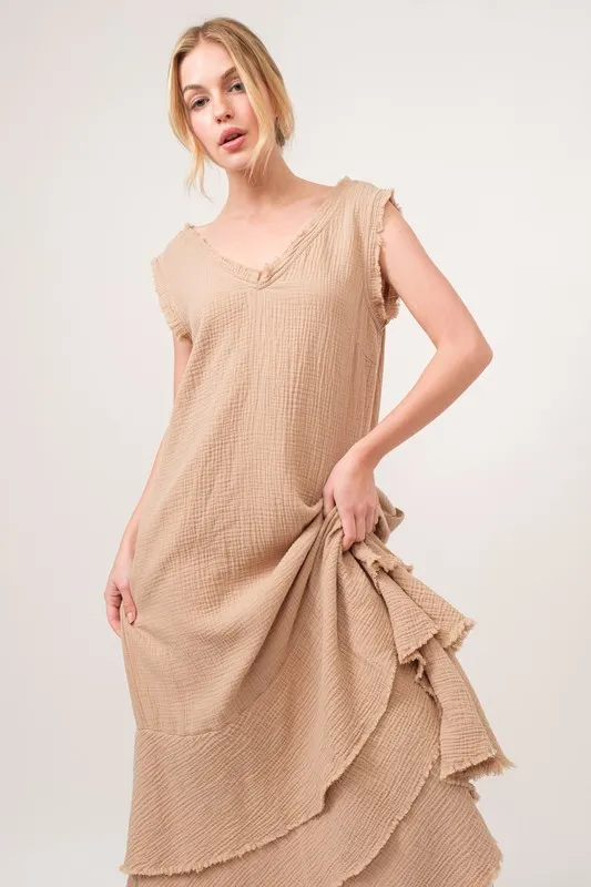 And The Why Washed Cotton Gauze Fringe Detail Tiered Dress - Image 2