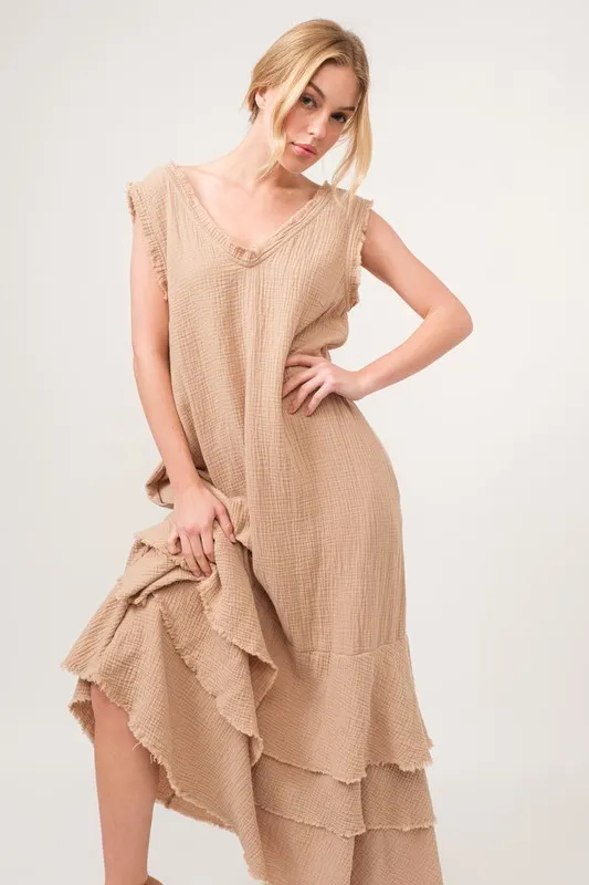 And The Why Washed Cotton Gauze Fringe Detail Tiered Dress - Image 3