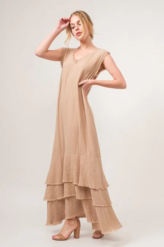 And The Why Washed Cotton Gauze Fringe Detail Tiered Dress - Image 4