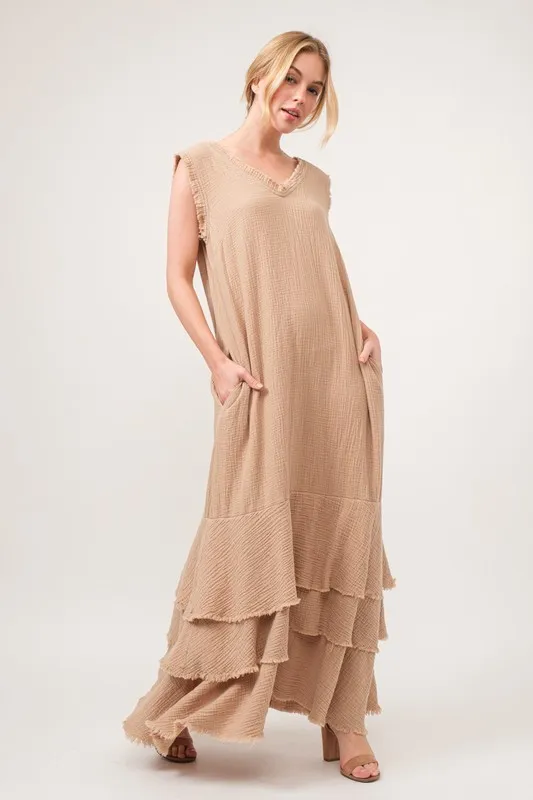 And The Why Washed Cotton Gauze Fringe Detail Tiered Dress - Image 5