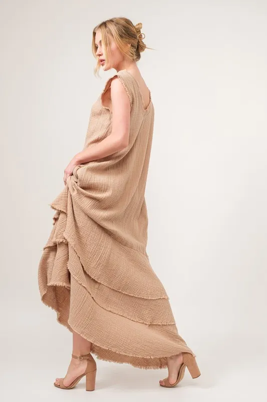And The Why Washed Cotton Gauze Fringe Detail Tiered Dress - Image 6