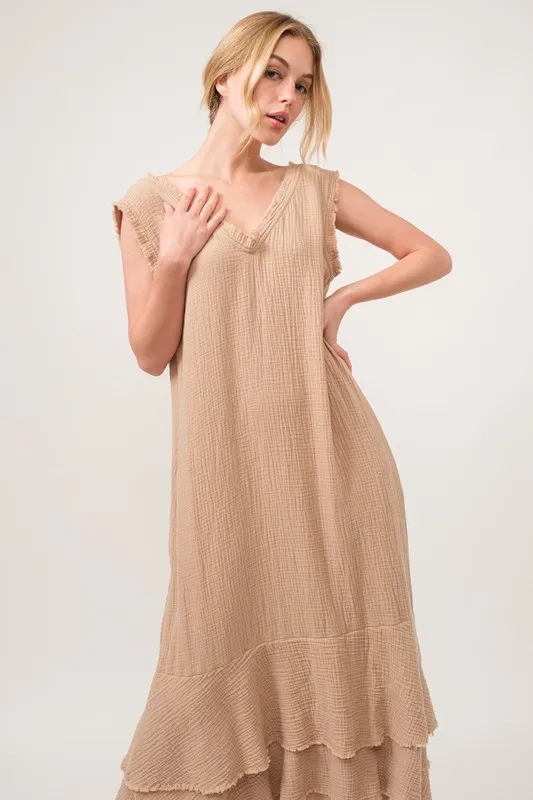 And The Why Washed Cotton Gauze Fringe Detail Tiered Dress - Image 7