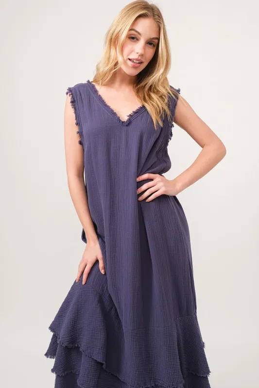 And The Why Washed Cotton Gauze Fringe Detail Tiered Dress - Image 2