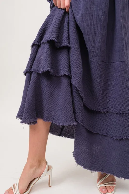 And The Why Washed Cotton Gauze Fringe Detail Tiered Dress - Image 3