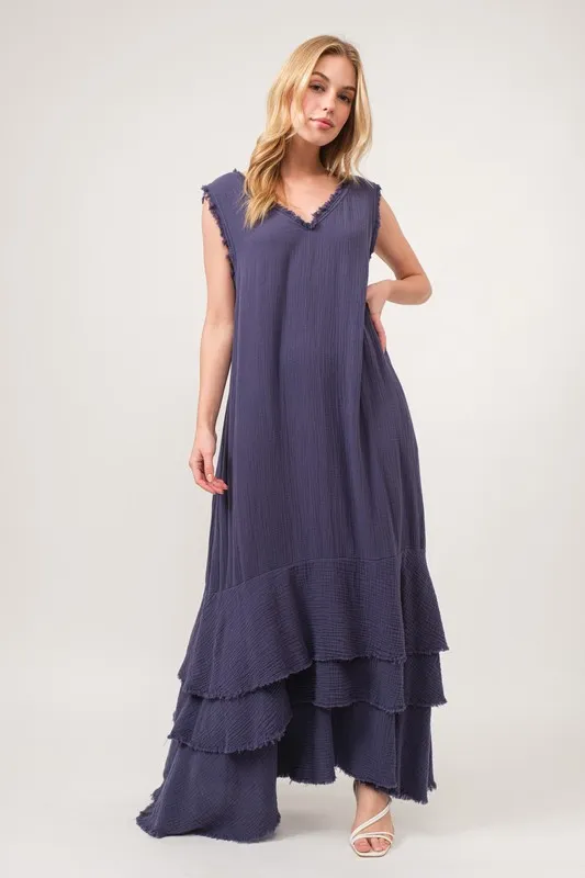 And The Why Washed Cotton Gauze Fringe Detail Tiered Dress - Image 4