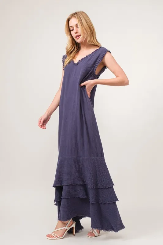 And The Why Washed Cotton Gauze Fringe Detail Tiered Dress - Image 5