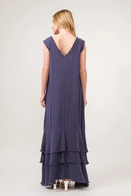 And The Why Washed Cotton Gauze Fringe Detail Tiered Dress - Image 6