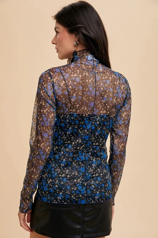 Annie Wear Floral Lettuce Hem Sheer Mesh Top - Image 2
