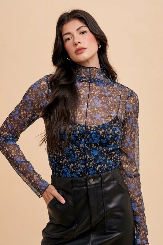 Annie Wear Floral Lettuce Hem Sheer Mesh Top - Image 3
