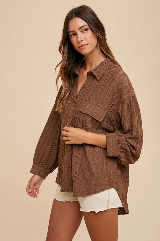 Annie Wear Openwork Button Down Drop Shoulder Shirt - Image 2
