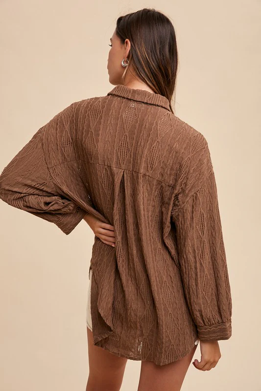 Annie Wear Openwork Button Down Drop Shoulder Shirt - Image 3