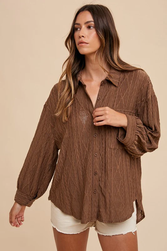 Annie Wear Openwork Button Down Drop Shoulder Shirt - Image 4