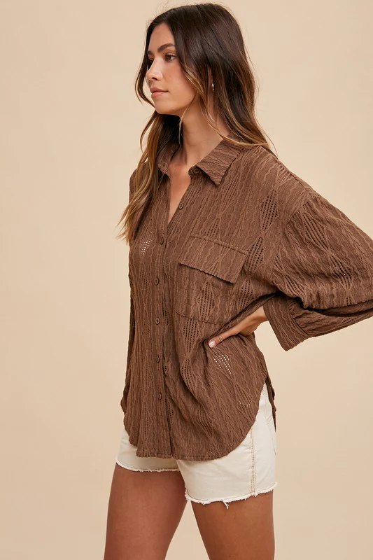 Annie Wear Openwork Button Down Drop Shoulder Shirt - Image 5