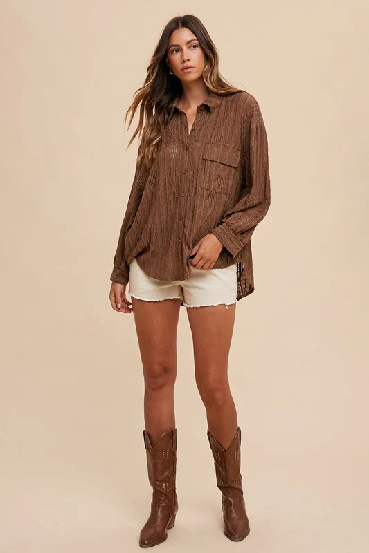 Annie Wear Openwork Button Down Drop Shoulder Shirt - Image 6