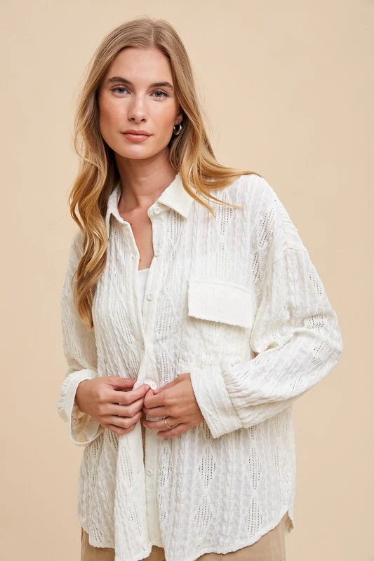 Annie Wear Openwork Button Down Drop Shoulder Shirt - Image 4