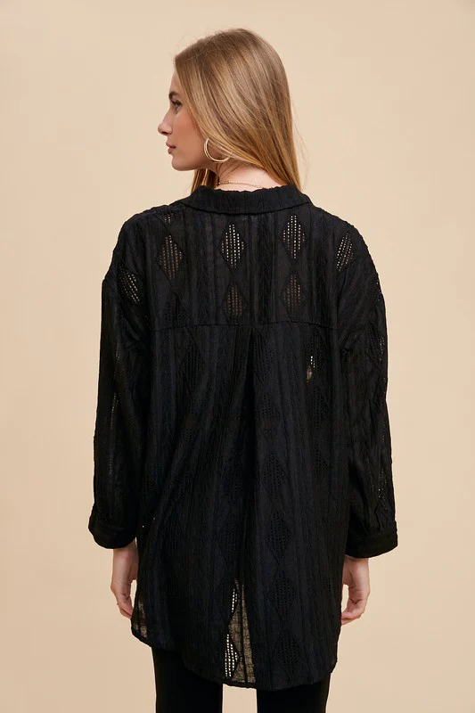 Annie Wear Openwork Button Down Drop Shoulder Shirt - Image 2
