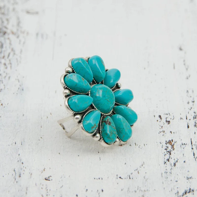 Artificial Turquoise Alloy Flower Ring - Image 4