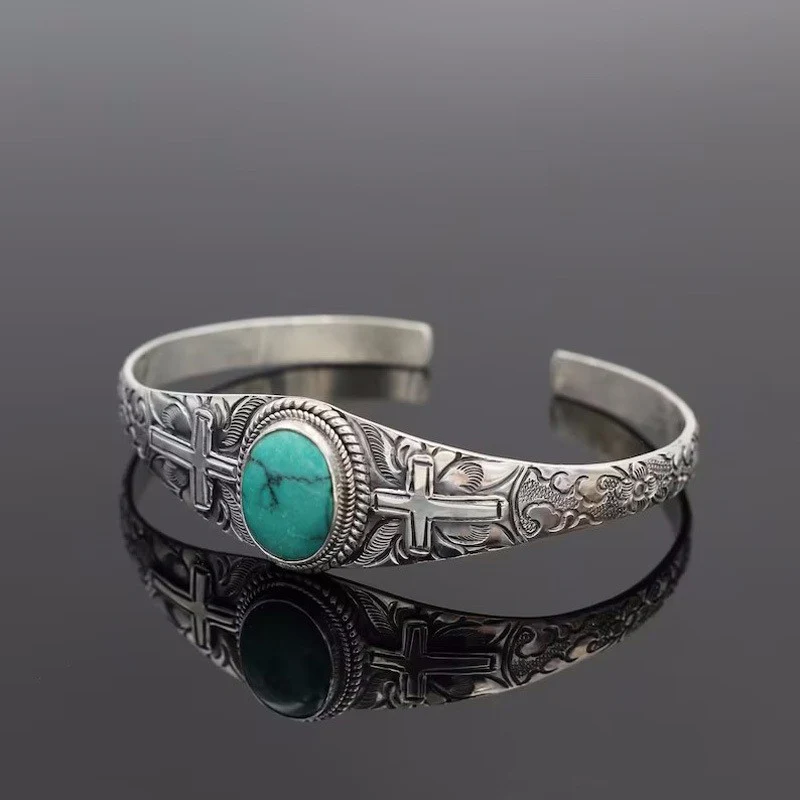 Artificial Turquoise Alloy Open Bracelet - Image 6